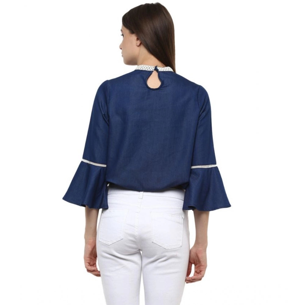 Women's Solid Bell Sleeve Regular Top — Blue
