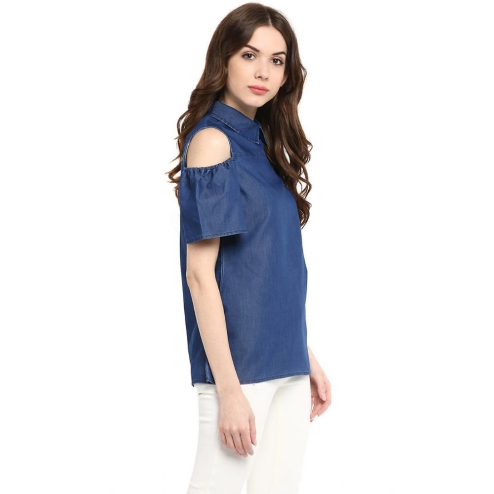 Women's Denim Solid Cold Shoulder Regular Top — Blue