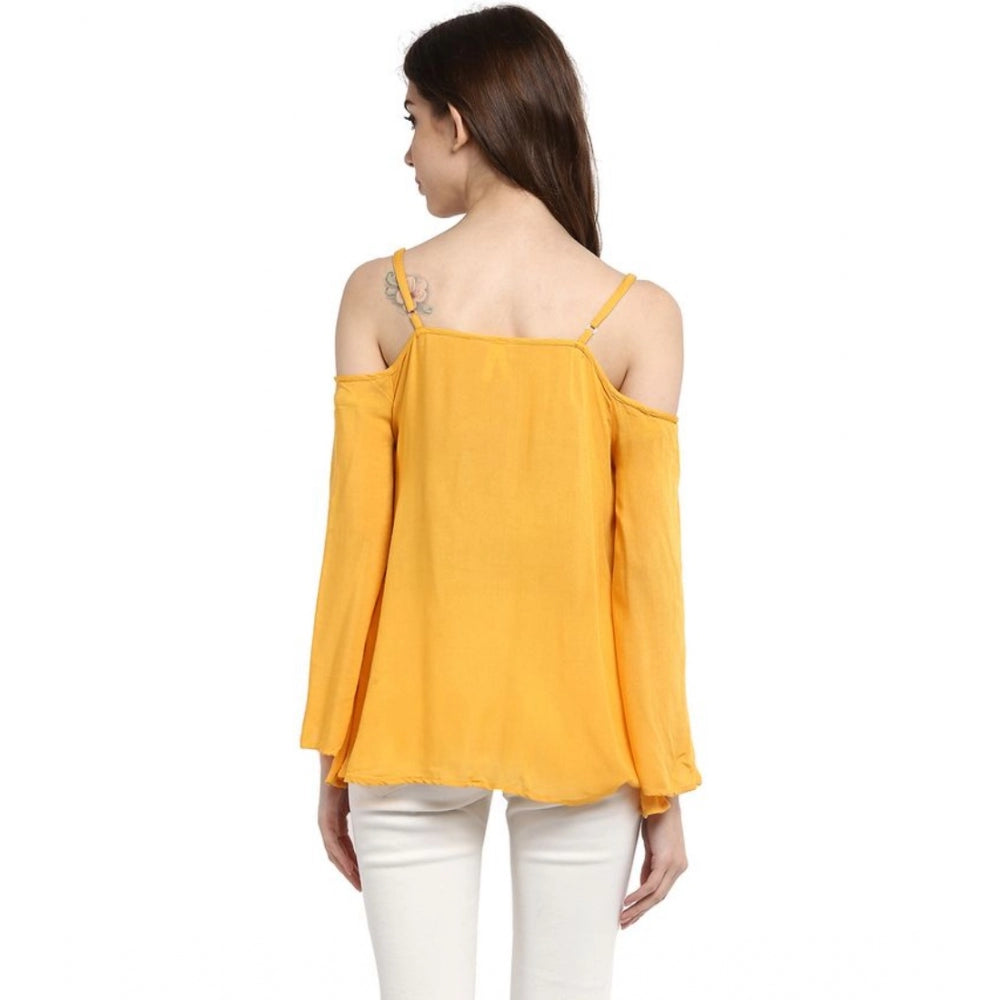 Women's Rayon Embellished Cold Shoulder Regular Top — Mustard Yellow