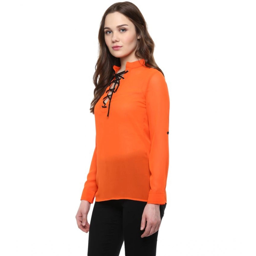 Women's Solid Long Sleeves Regular Top — Orange
