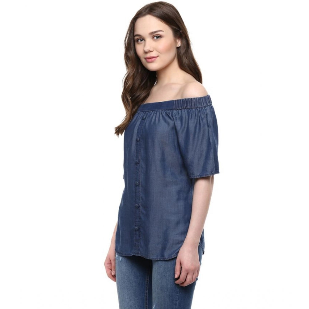 Women's Denim Solid Short Sleeve Regular Top — Blue