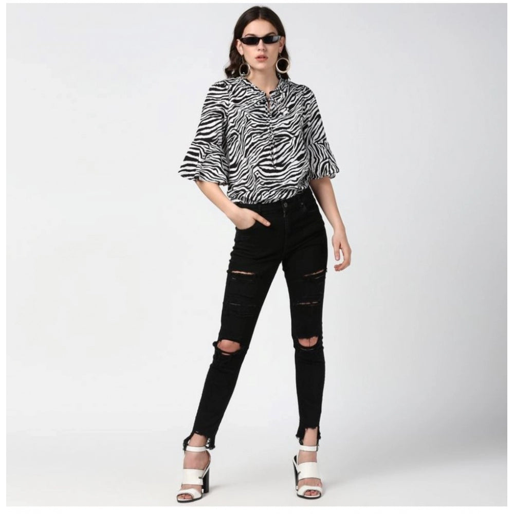 Women's Animal Print Bell Sleeve Top — Black - White
