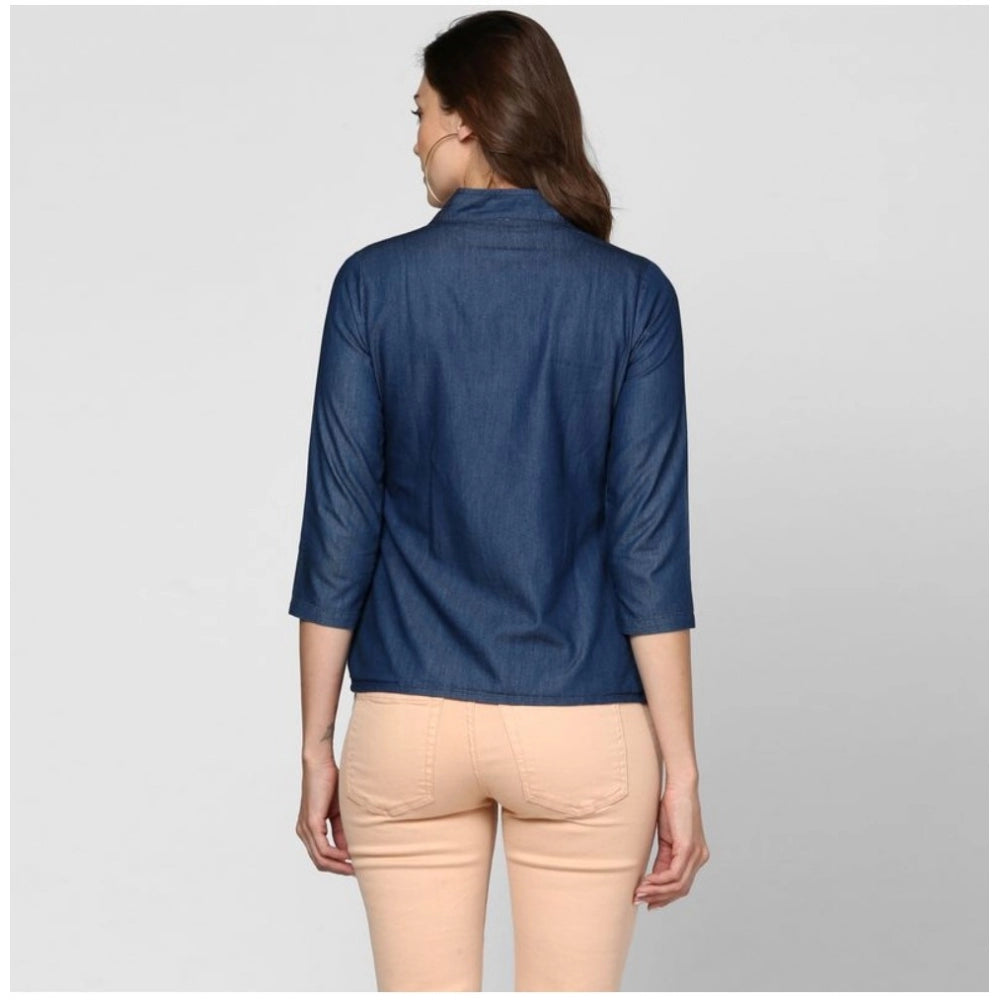 Women's Denim Solid 3-4th Sleeves Top — Blue