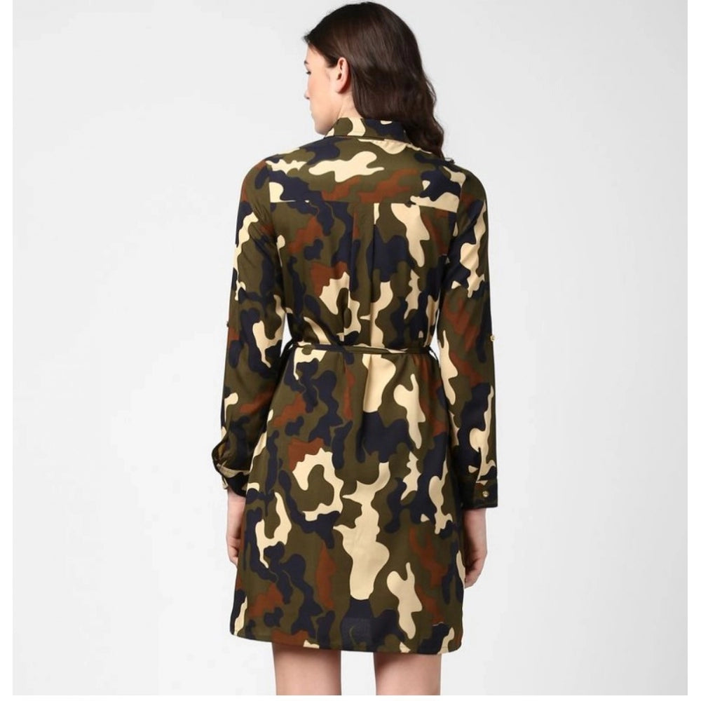 Women's Printed Roll Up Sleeve Tunic Top — Green - Black