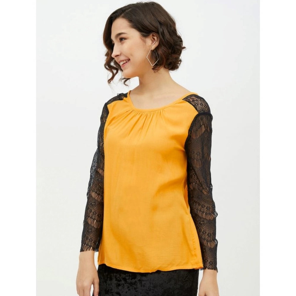 Women's Rayon Lace Inserts Long Sleeves Top — Yellow
