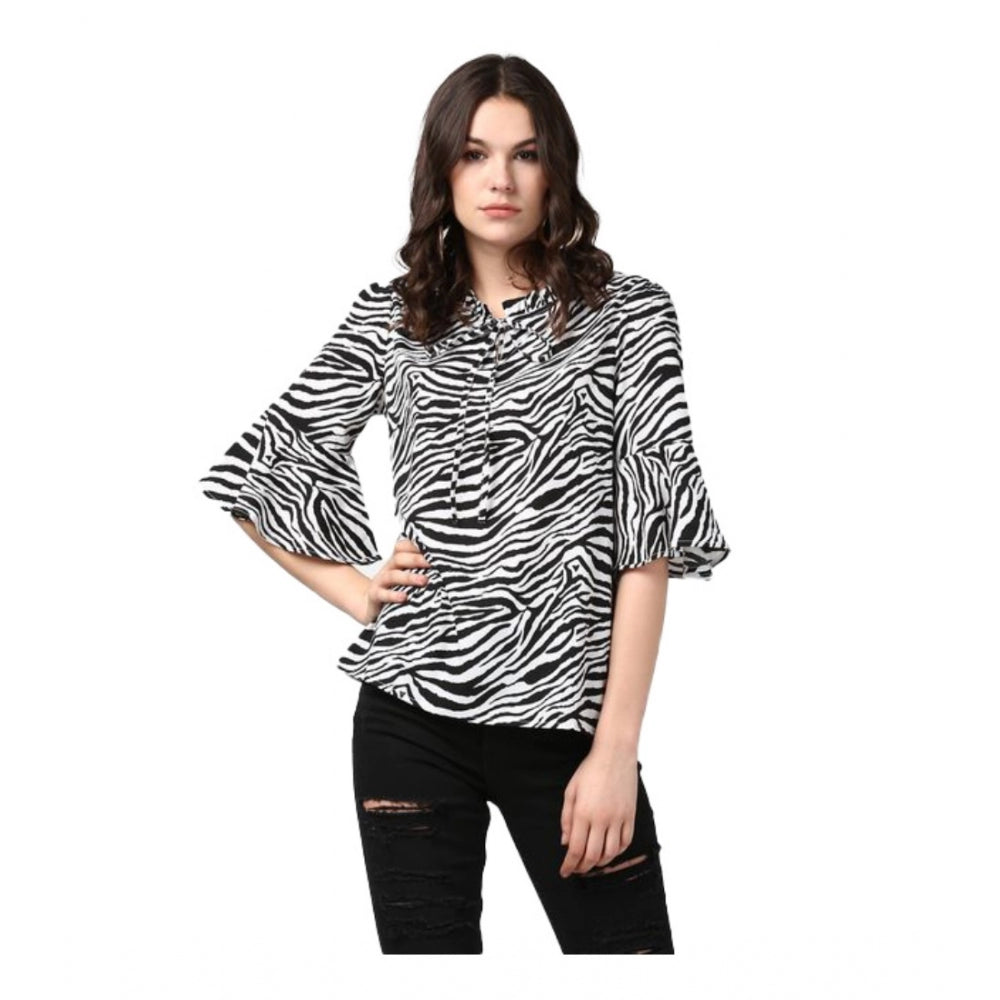Women's Animal Print Bell Sleeve Top — Black - White