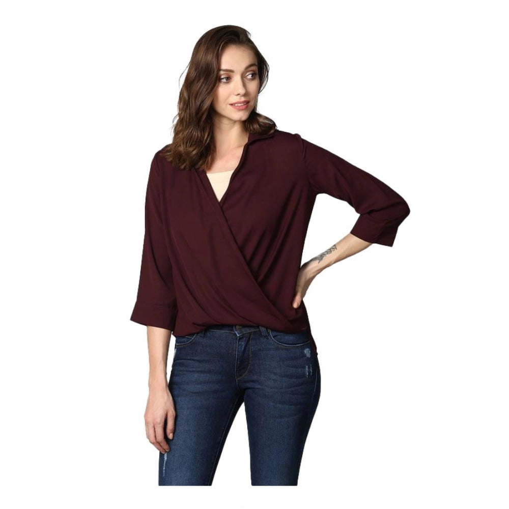 Women's Solid 3-4th Sleeves Top — Maroon