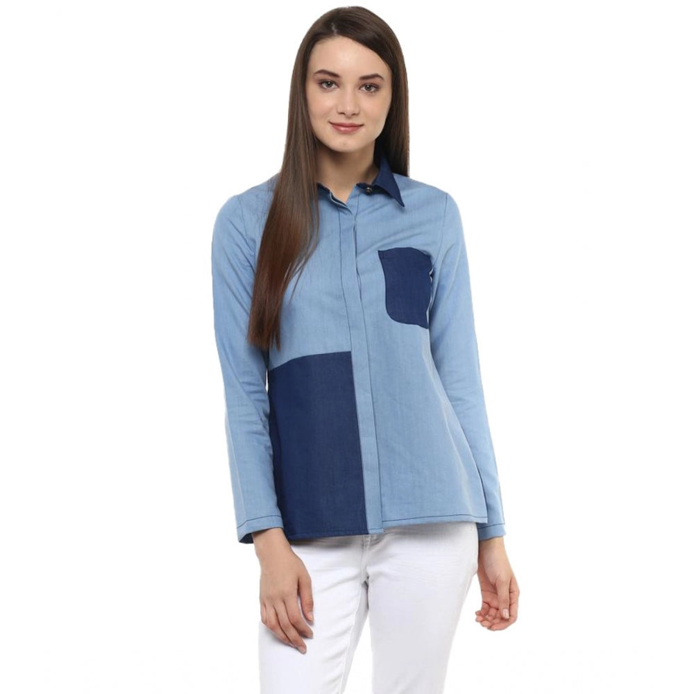 Women's Denim Patch Work Long Sleeves Regular Top — Blue