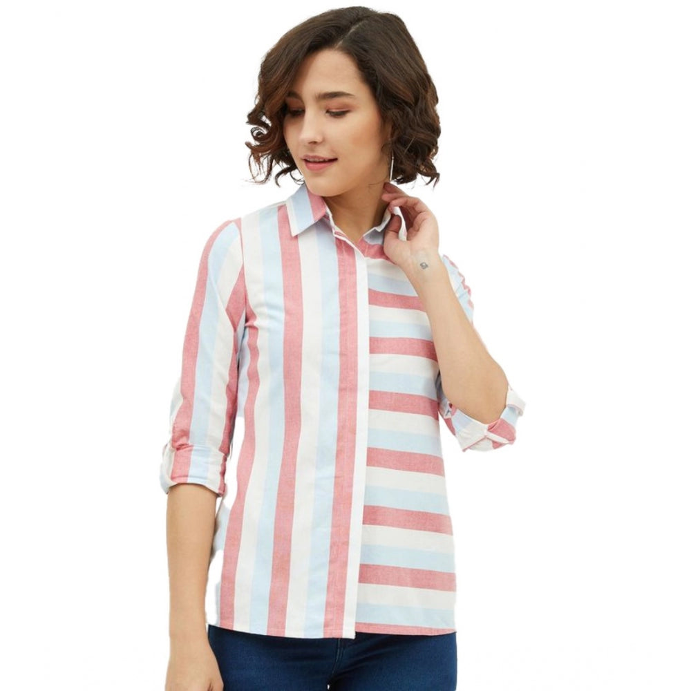 Women's Cotton Striped Long Sleeves Standard Length Shirt — Pink