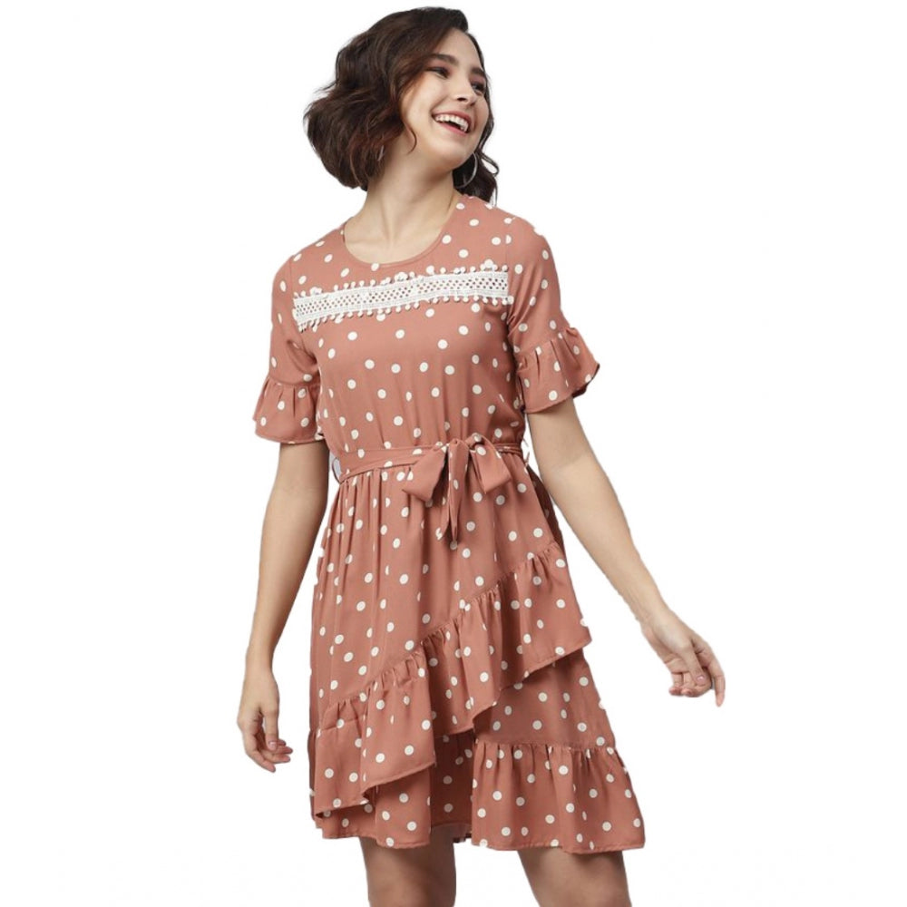 Women's Polka Bell Sleeve Above Knee Dress — Brown