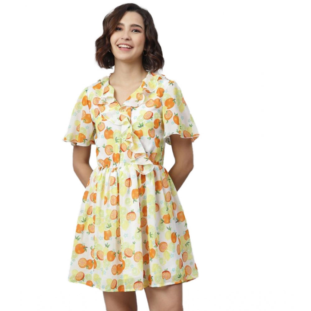 Women's Printed Flutter Above Knee Dress — Yellow - Orange