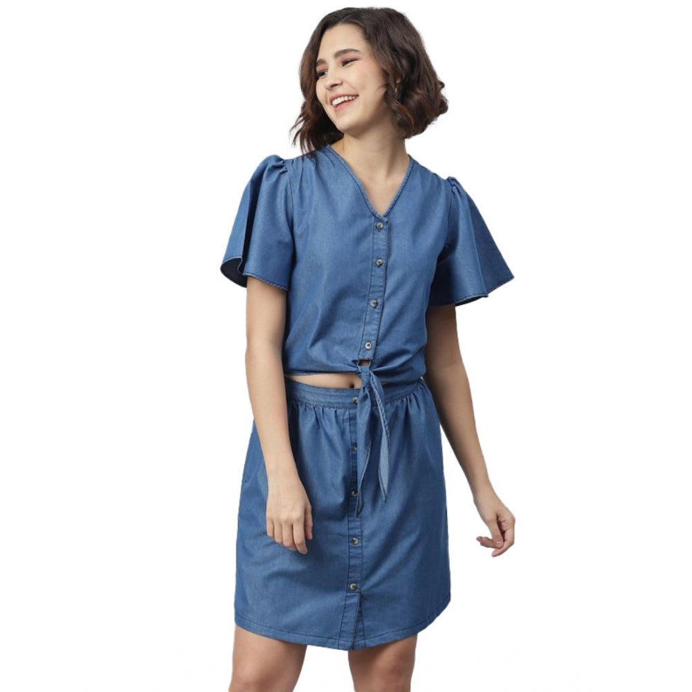 Women's Denim Solid Flutter Above Knee Dress — Blue