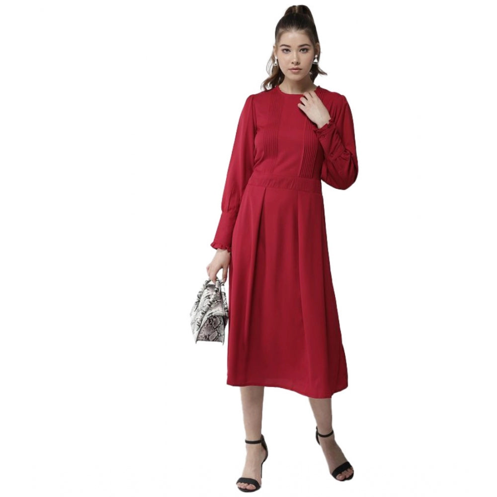 Women's Pintuck Long Sleeves Below Knee Dress — Red