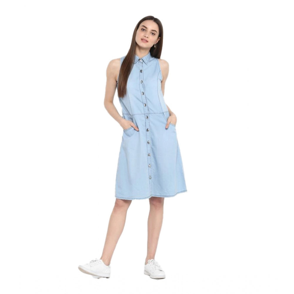 Women's Denim Solid Sleeveless Below Knee Dress — Blue