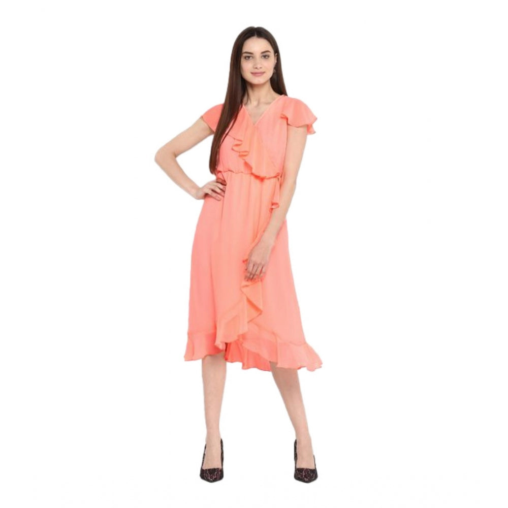Women's Ruffled Cap Sleeve Below Knee Dress — Neon Pink