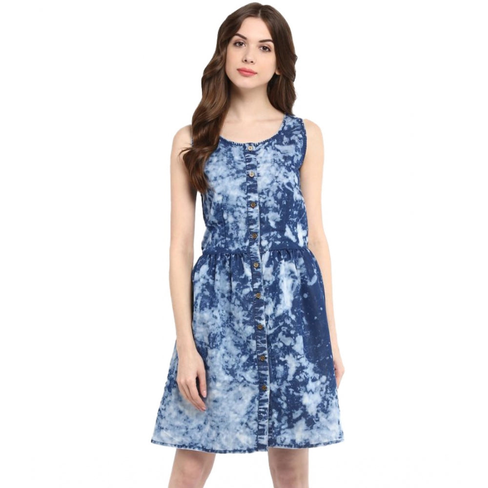 Women's Denim Tie & Dye Sleeveless Above Knee Dress — Blue