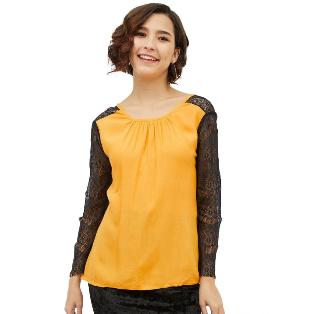 Women's Rayon Lace Inserts Long Sleeves Top — Yellow
