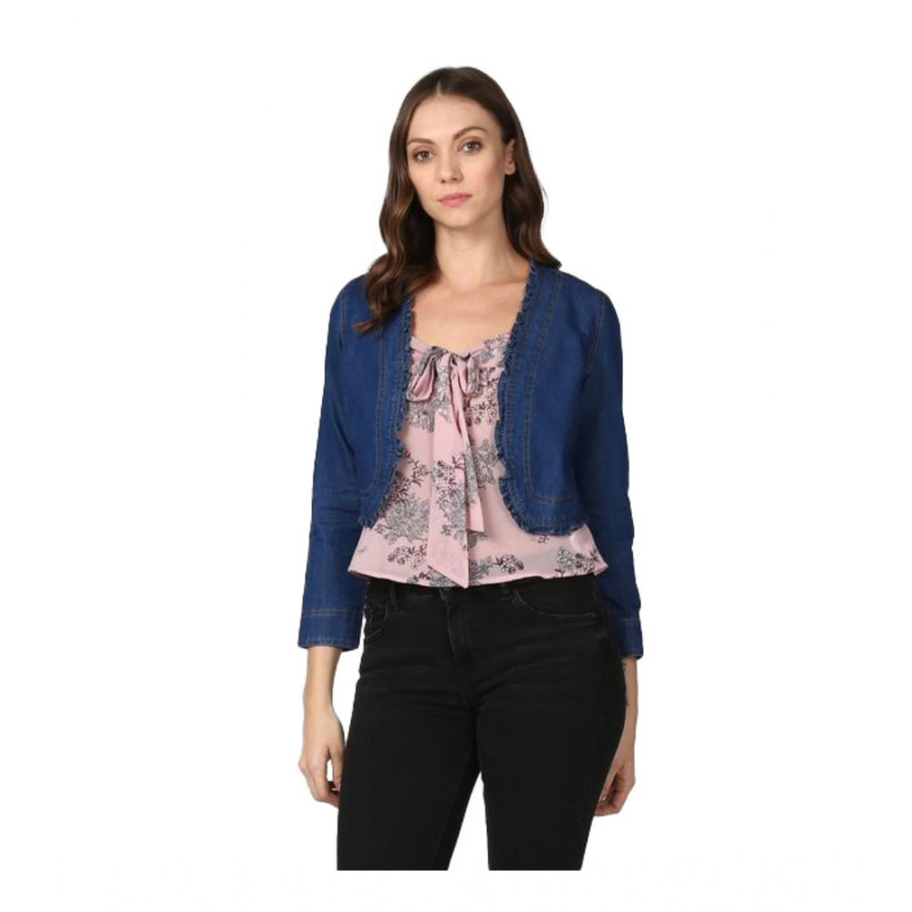 Women's Denim Ruffled Long Sleeves Shrug — Navy Blue