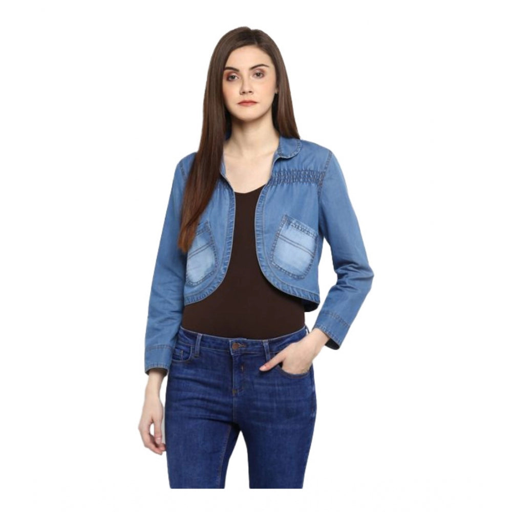 Women's Denim Smocking 3-4th Sleeves Shrug — Blue