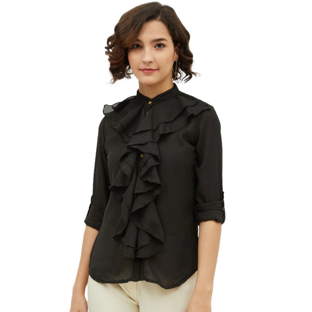 Women's Ruffled Long Sleeves Standard Length Shirt — Black