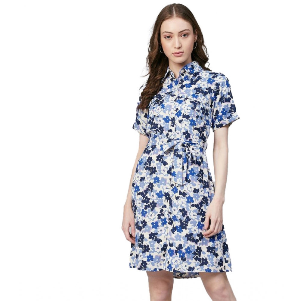 Women's Floral Short Sleeve Above Knee Dress — Blue - White