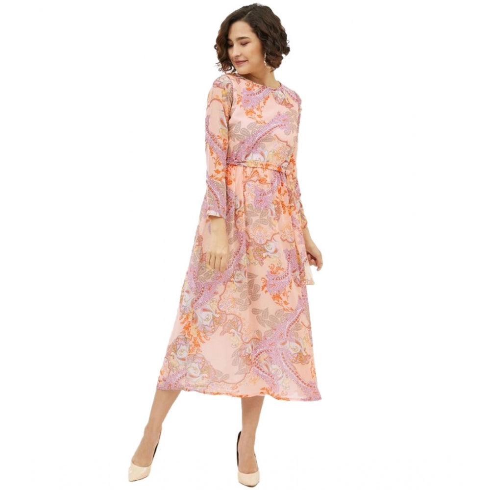 Women's Printed Long Sleeves Calf-Length Dress