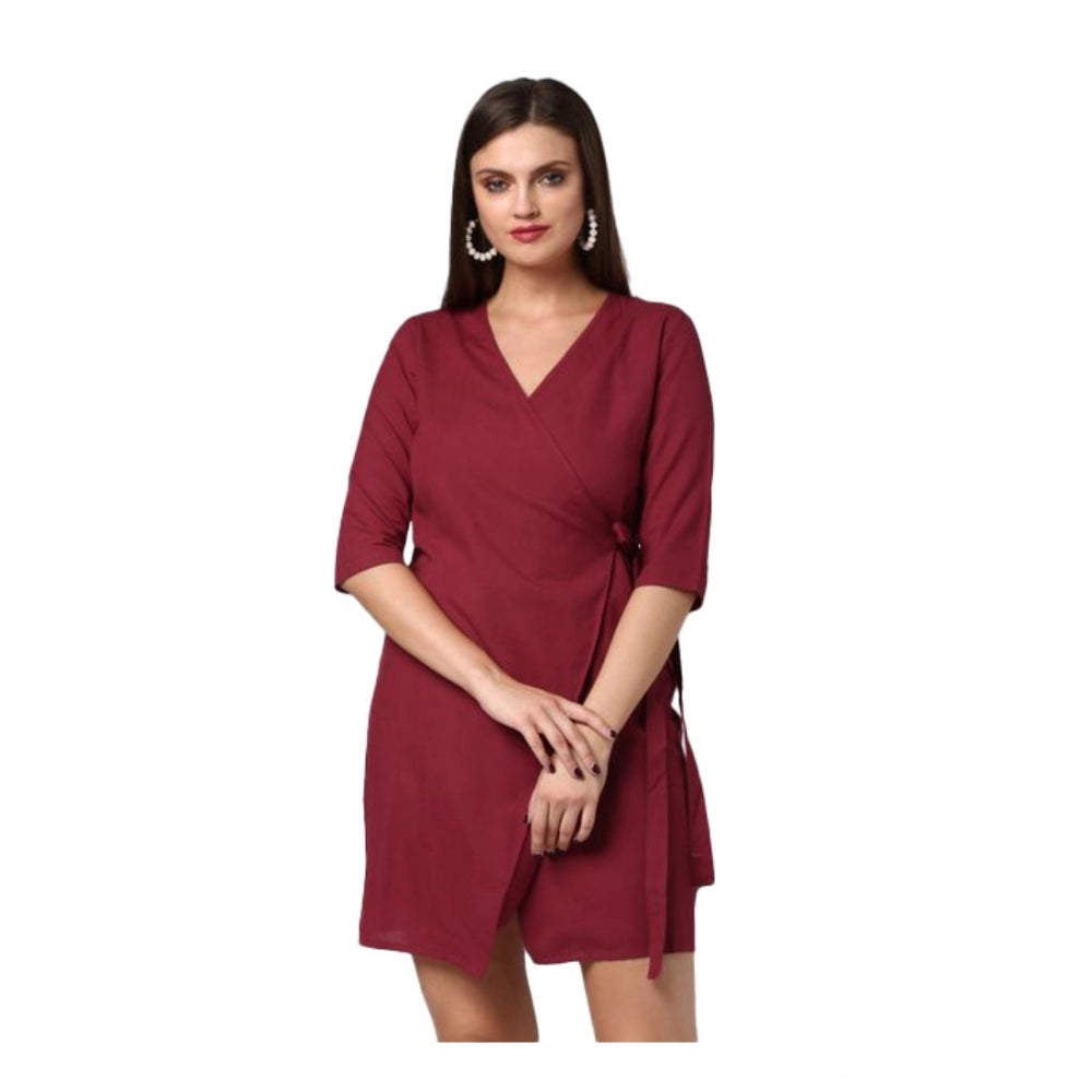 Women's Cotton Solid 3-4th Sleeves Above Knee Dress — Maroon