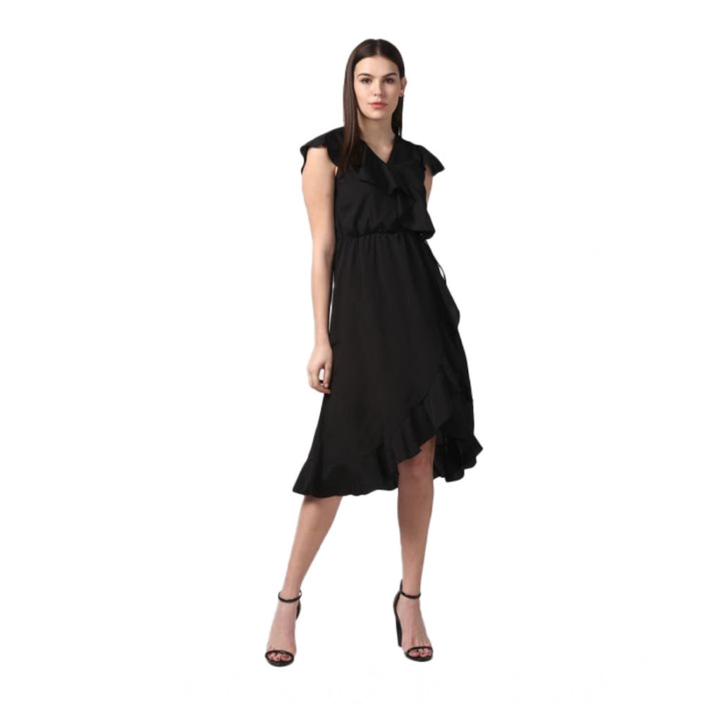 Women's Ruffled Cap Sleeve Knee-Length Dress — Black