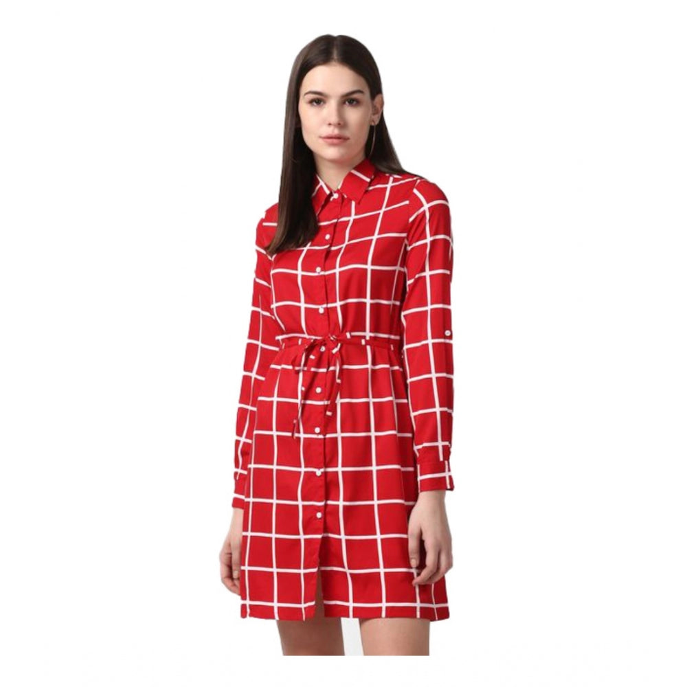 Women's Checkered Long Sleeves Above Knee Dress — Red