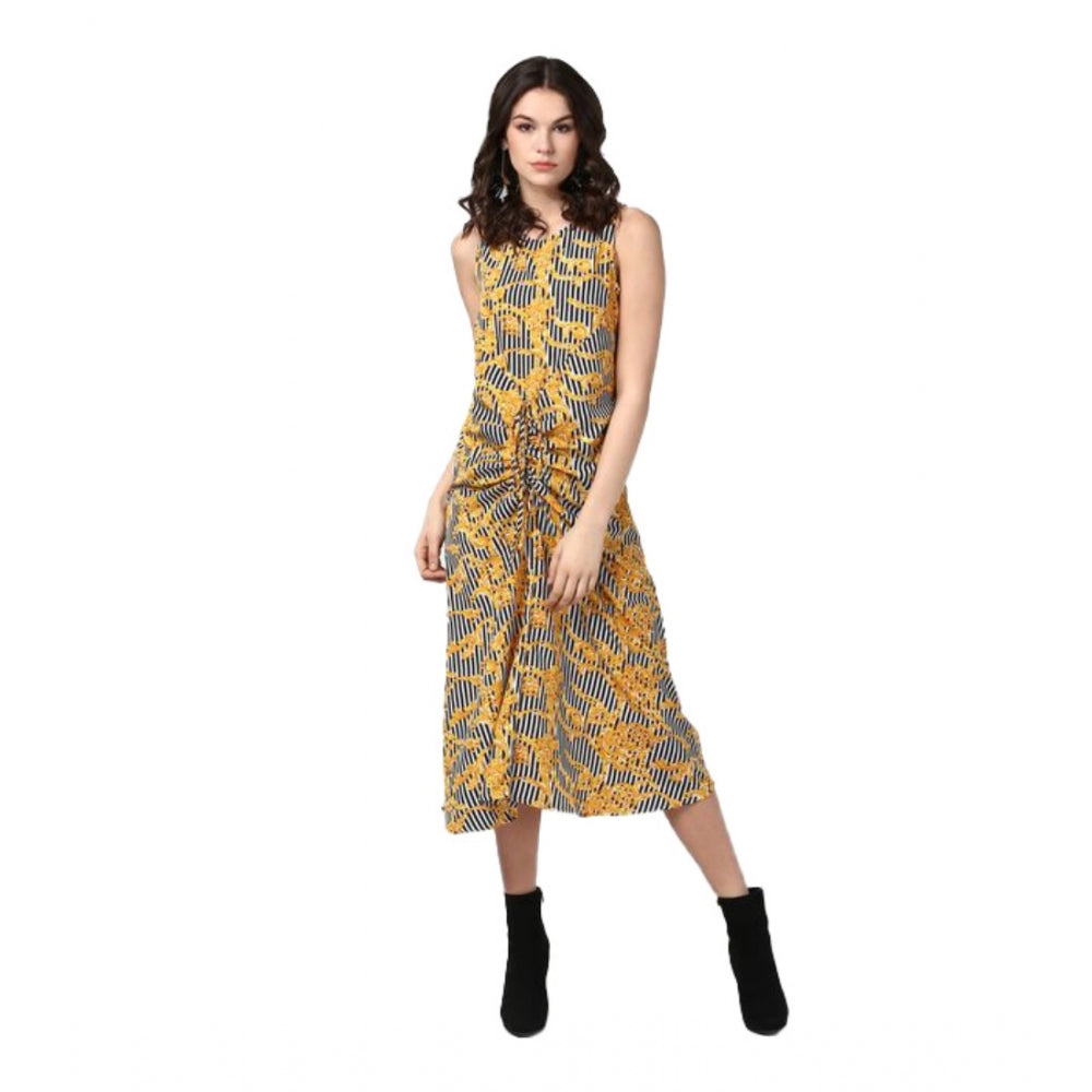Women's Chain Print Sleeveless Below Knee Dress — Yellow - Black
