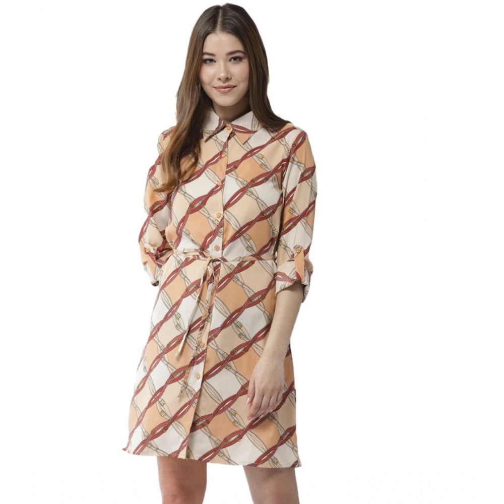 Women's Printed Roll Up Sleeve Above Knee Dress