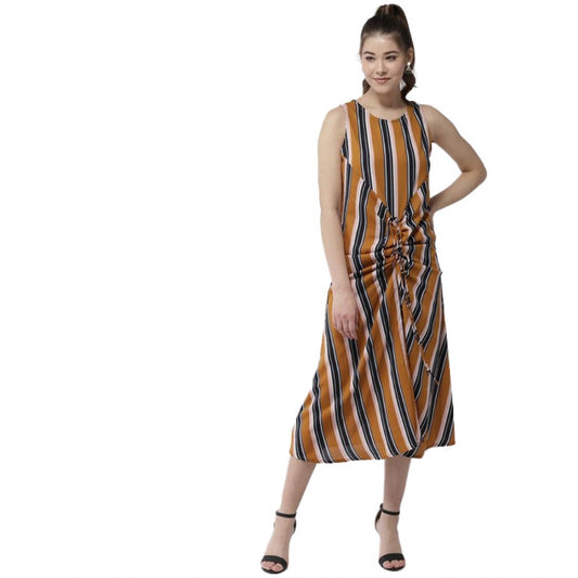 Women's Striped Sleeveless Below Knee Dress — Mustard
