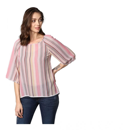 Women's Striped 3-4th Sleeves Top — Pink