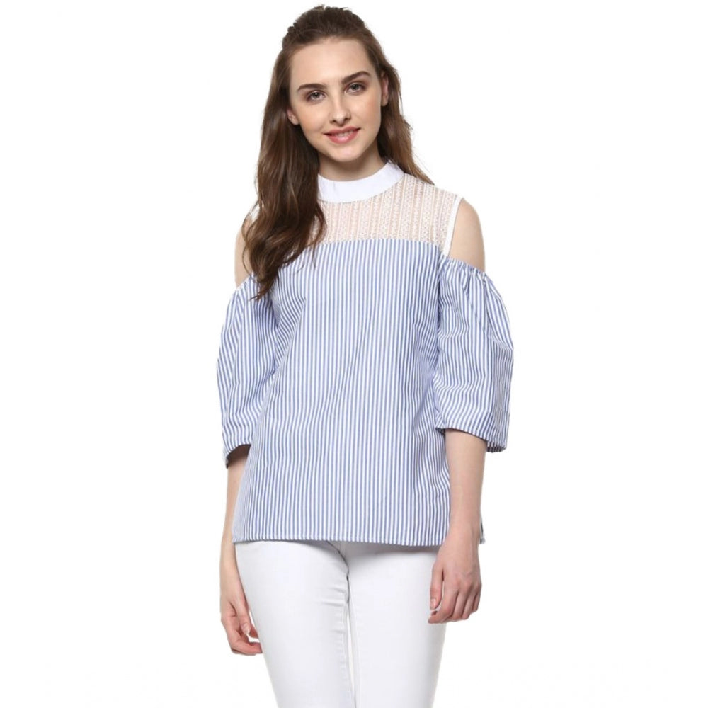 Women's Cotton Striped Cold Shoulder Top — Blue