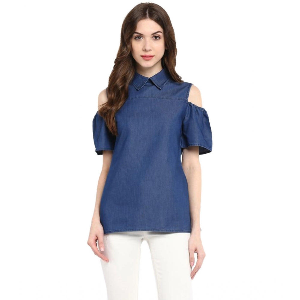 Women's Denim Solid Cold Shoulder Regular Top — Blue