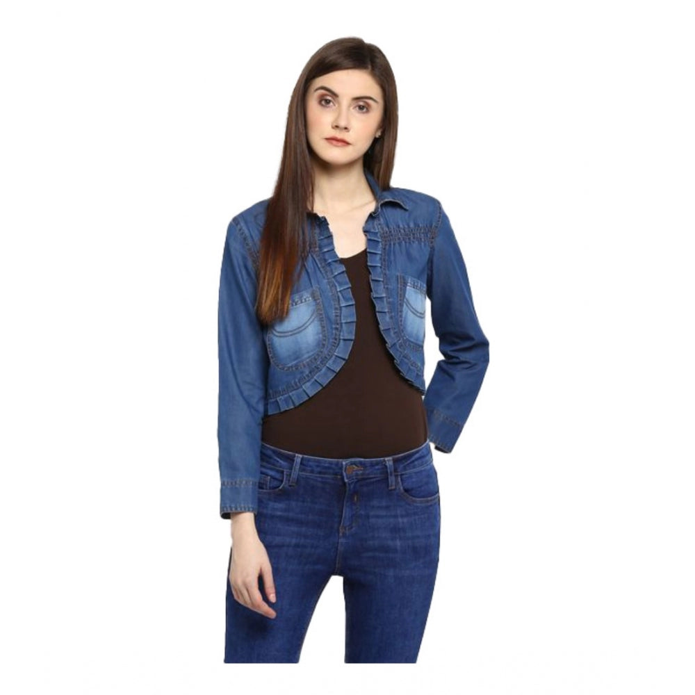 Women's Denim Pleated 3-4th Sleeves Shrug — Blue