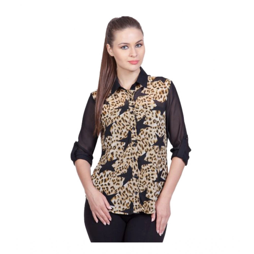 Women's Printed Roll Up Sleeve Standard Length Shirt — Black