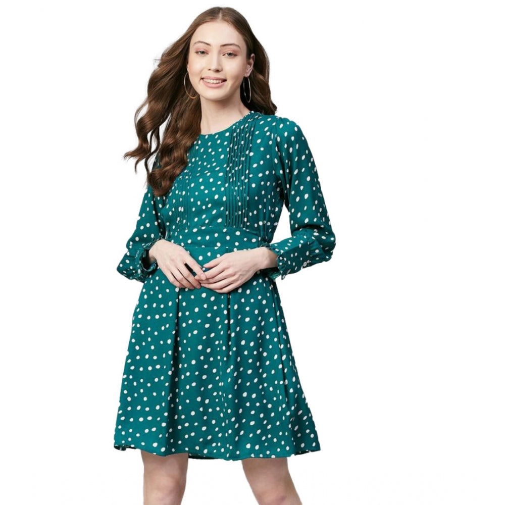 Women's Polka Long Sleeves Above Knee Dress — Green - White