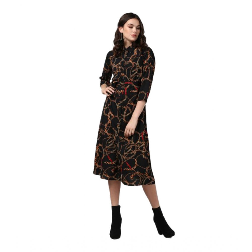 Women's Chain Print Roll Up Sleeve Below Knee Dress — Black - Yellow