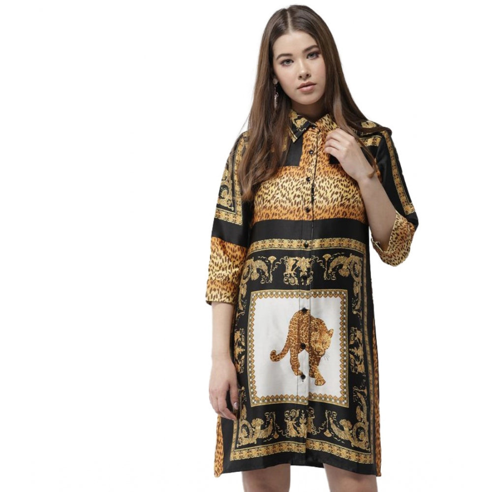 Women's Satin Animal Print 3-4th Sleeves Above Knee Dress — White - Orange