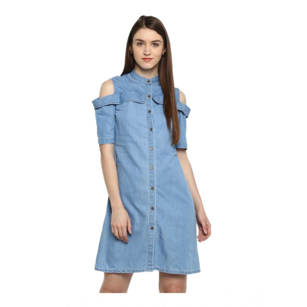 Women's Denim Solid Cold Shoulder Above Knee Dress — Blue