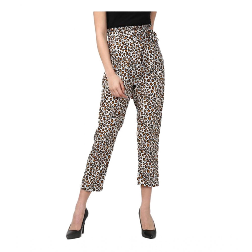 Women's Animal Print Elasticated Trousers — White - Yellow
