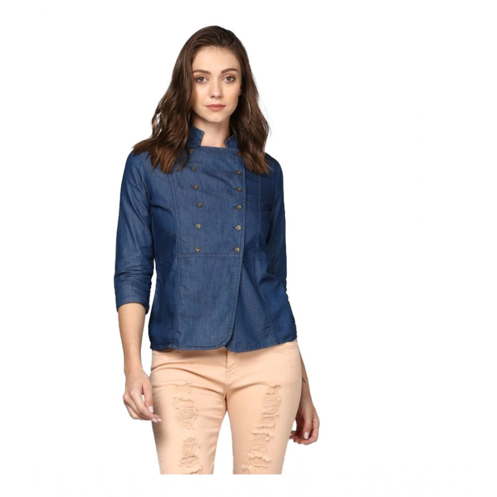 Women's Denim Solid 3-4th Sleeves Top — Blue