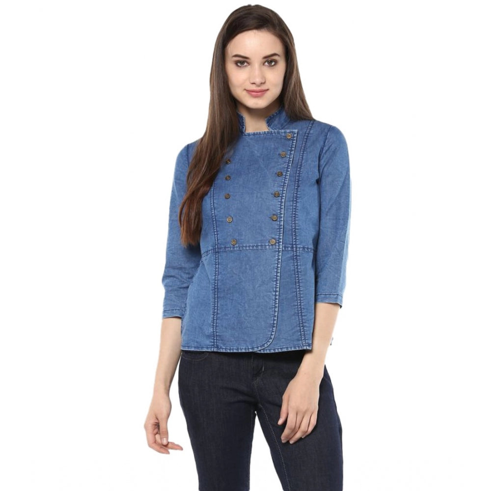 Women's Denim Solid 3-4th Sleeves Regular Top — Blue