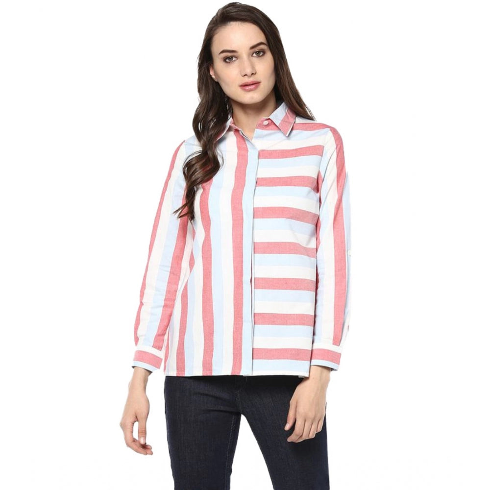 Women's Cotton Striped Roll Up Sleeve Regular Top — Red