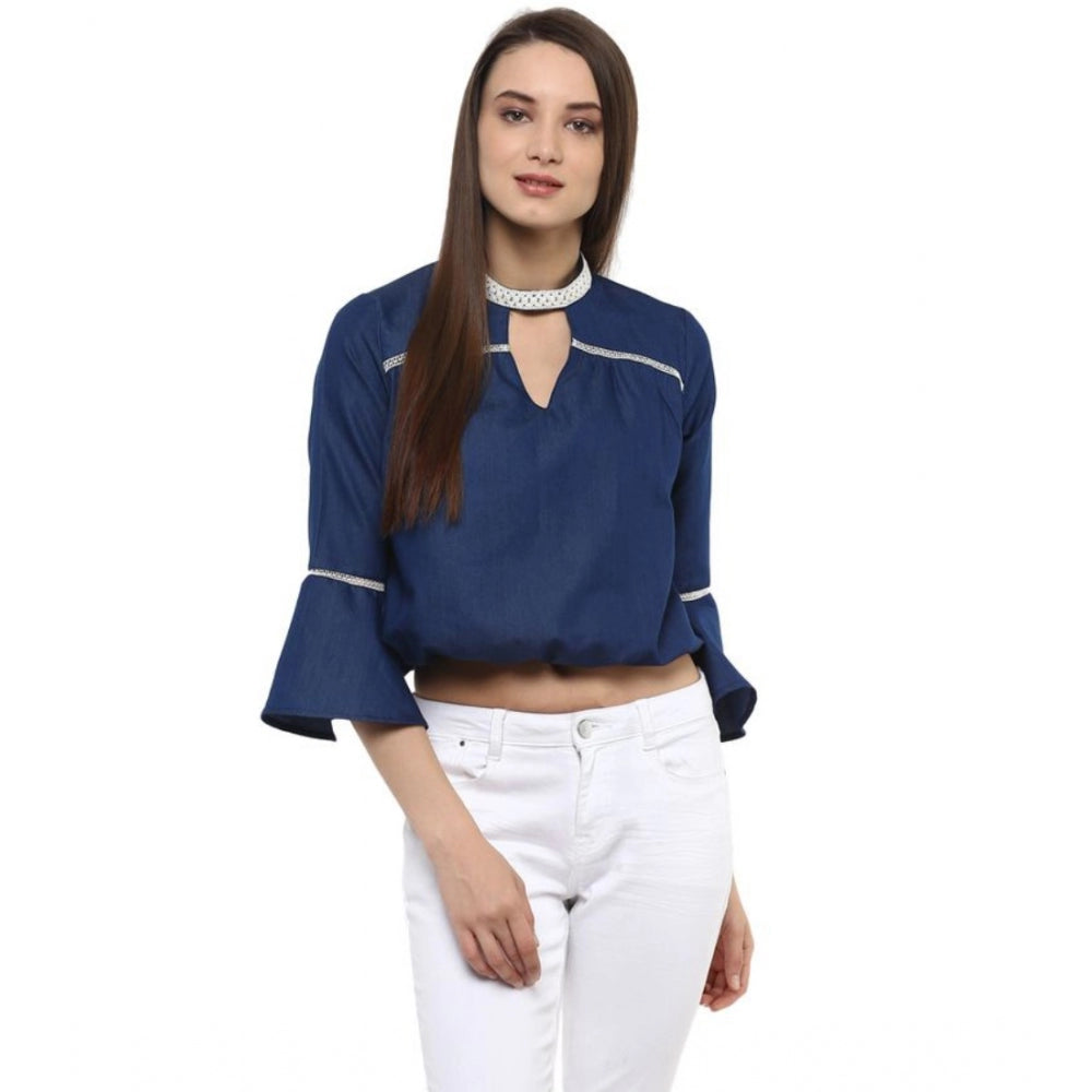 Women's Solid Bell Sleeve Regular Top — Blue