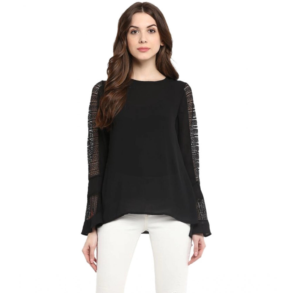 Women's Georgette Self Design Bell Sleeve Regular Top — Black