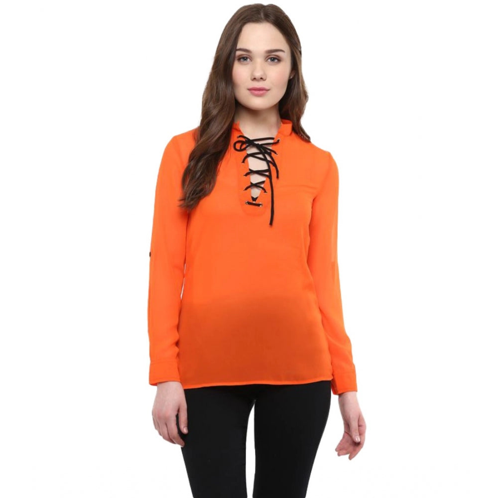 Women's Solid Long Sleeves Regular Top — Orange