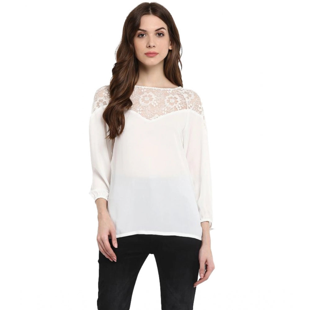 Women's Georgette Self Design 3-4th Sleeves Regular Top — White
