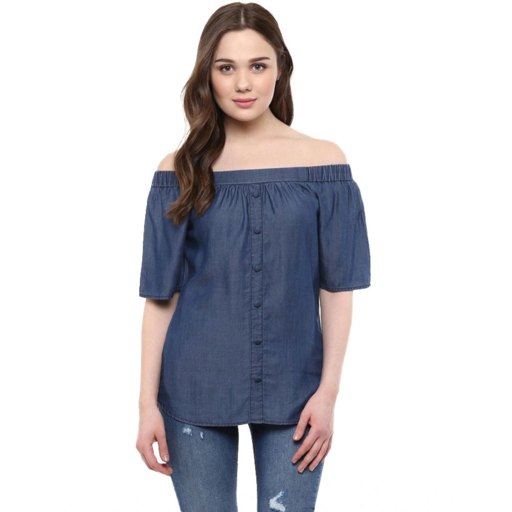 Women's Denim Solid Short Sleeve Regular Top — Blue